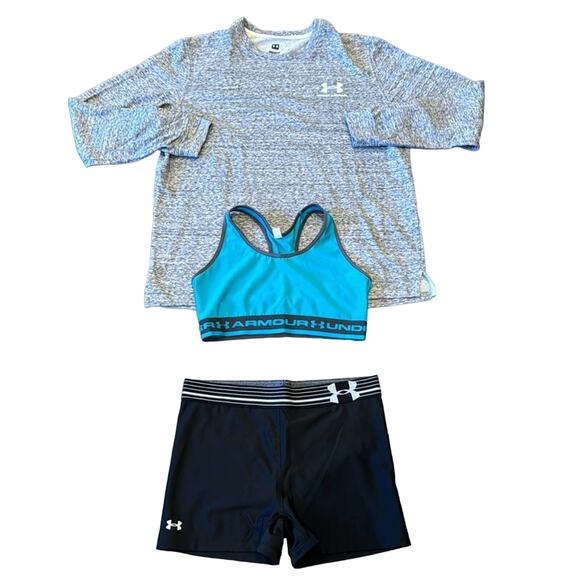 Bundle of 3 Under Armour Women's Terry Sweatshirt, Sports Bra, Shorty Shorts Med - Picture 1 of 16